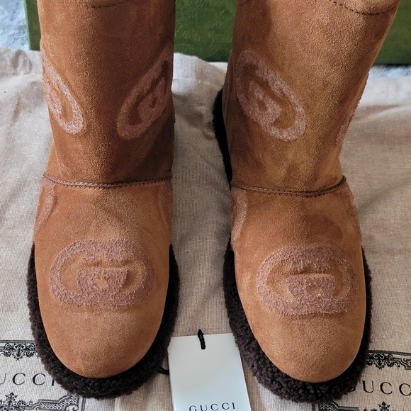 GUCCI SHEARLING BOOTS BROWN SUEDE GUCCI LOGO PRESTIGE GIANT PRINT 39.5 =9.5US - Picture 10 of 16